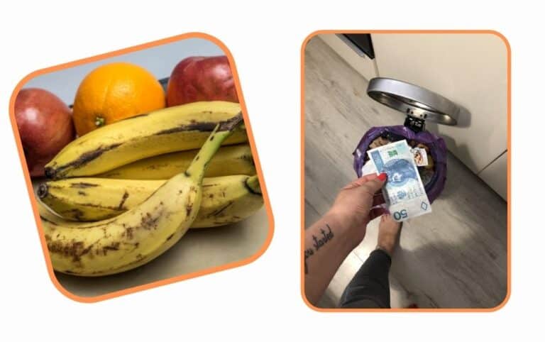 czarny banan, zepsute jabłka pieniądze wyrzucane do kosza, marnowanie jedzenia
